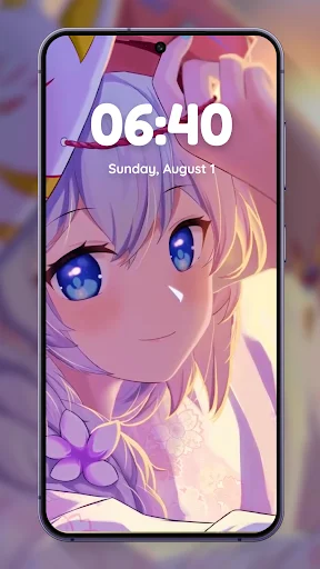 Anime girl lock screen wallpaper with blue eyes and purple aesthetic showing 06:40 time display for personalization