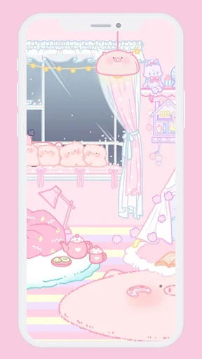 Cozy pink bedroom interior scene with cute round character and window aesthetic wallpaper