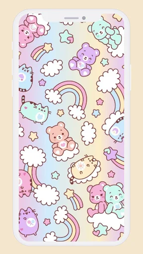 Pastel kawaii wallpaper with cute animals bears clouds rainbows and stars colorful pattern design