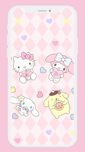 Hello Kitty style cute cartoon characters with hearts clouds and bow elements pink aesthetic wallpaper