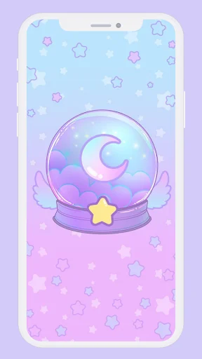 Mystical purple crystal ball with crescent moon and stars gradient background kawaii wallpaper design