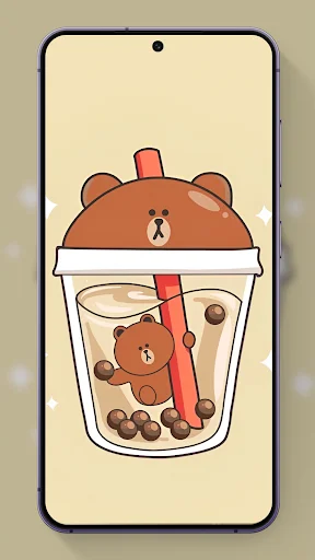 Kawaii brown bear character inside iced coffee cup cute wallpaper on beige background for personalization