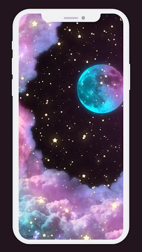 Galaxy space wallpaper with colorful nebula clouds and glowing neon planet with scattered stars