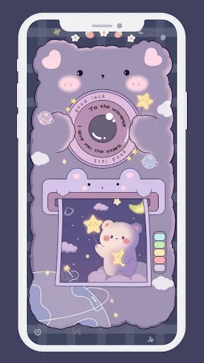 Cute purple phone interface design with sleeping bear character clouds and stars aesthetic wallpaper