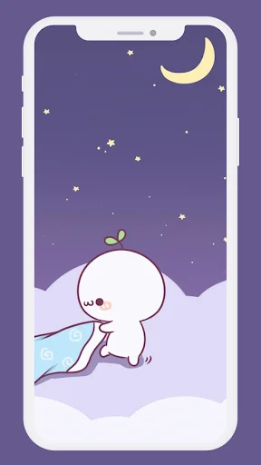 White cute character under crescent moon and stars on purple background night aesthetic wallpaper