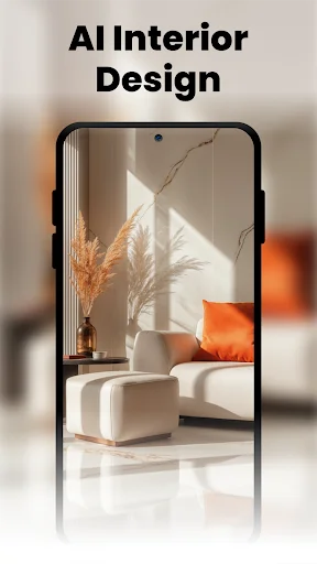 AI Interior Design app showing modern living room design with white furniture, orange pillow, and decorative plants