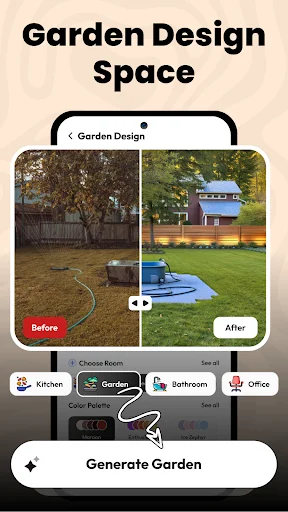 Garden Design Space feature with before-and-after garden transformation, category selector, and Generate Garden button