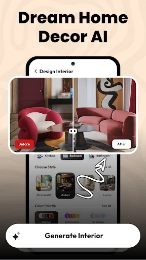 Dream Home Decor AI with before-and-after interior design, furniture style selector, and color palette customization