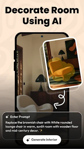 AI room decoration interface with text prompt input for design modifications and Generate Interior button