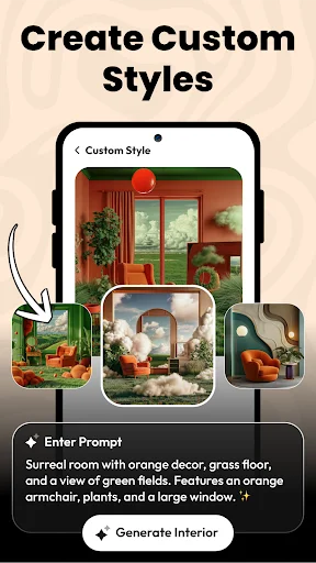 Create Custom Styles screen showing room design with orange walls and style variation thumbnail options