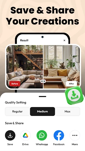 Save and Share Creations feature with before-and-after room design, quality settings, and social sharing options