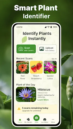 GoPlant home screen: Scan camera or upload photos, browse recent plant scans, and discover daily plant features instantly