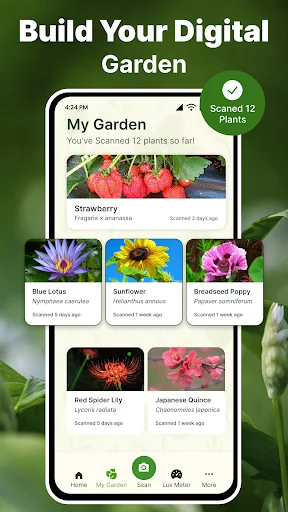 My Garden collection screen displaying saved plants with photo thumbnails and scan date information for each identified plant