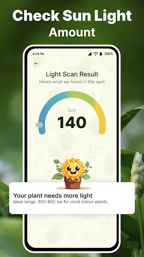 Light Scan Result interface showing 140 lux measurement gauge and sunlight requirement recommendation for indoor plant care