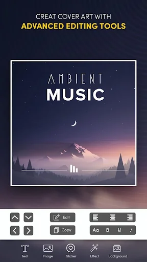 Album cover editor showing ambient music design with advanced editing tools for text, effects, filters, and backgrounds