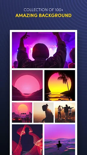 Album cover background collection featuring 100+ scenic images including sunsets, neon, and landscape photography options