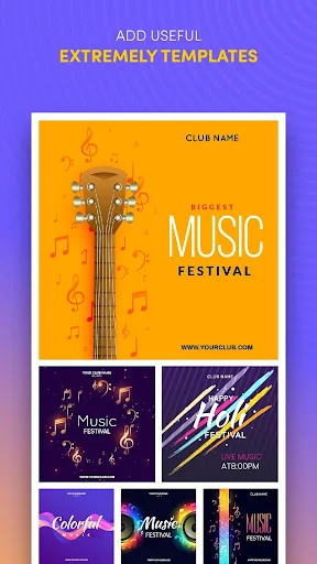 Music festival cover templates with guitar, musical notes, and bold gradient text designs for album artwork creation