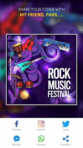 Album cover sharing screen displaying rock music festival design with Facebook, Instagram, Twitter, and WhatsApp options