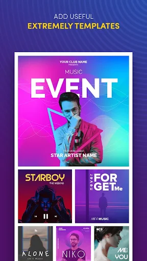 Music event album cover templates with vibrant gradients, artist photos, and colorful cover art designs gallery
