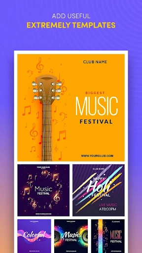 Music festival cover templates with guitar, musical notes, and bold gradient text designs for album artwork creation
