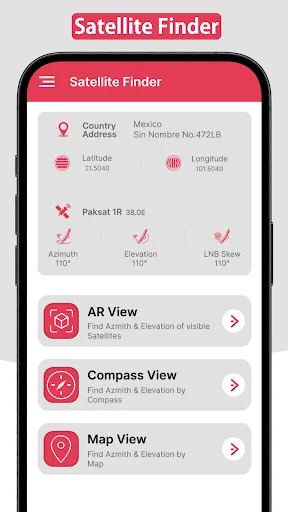 Main Satellite Finder screen with Mexico location, Paksat IR details, satellite angles, and AR/Compass/Map alignment views