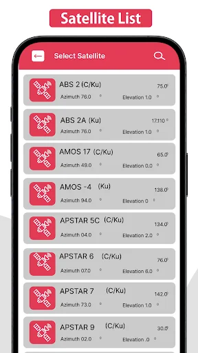 Satellite list interface with searchable database of ABS, AMOS, and APSTAR satellites showing azimuth and elevation data