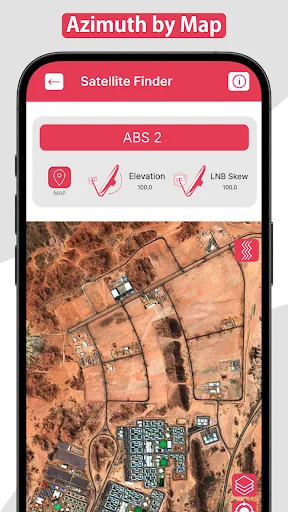 ABS 2 satellite on map view showing elevation and LNB skew data with dish alignment pointer on aerial terrain