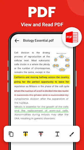 PDF viewer showing Biology Essential.pdf with text highlighting in yellow and annotation tools including font, text color, and highlighting options