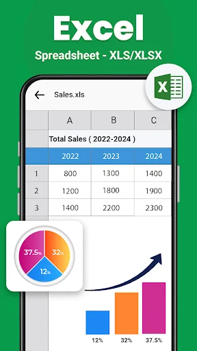 Excel spreadsheet viewer showing Sales.xls with data table for 2022-2024 sales totals and pie and bar chart visualizations