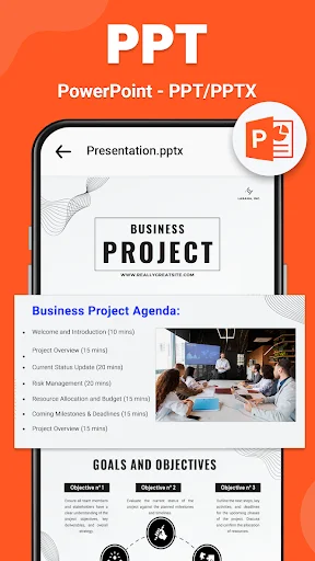 PowerPoint presentation viewer displaying Presentation.pptx with Business Project agenda, goals, and objectives slide content