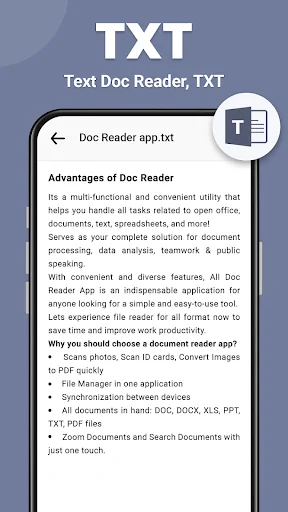 Text document reader showing Doc Reader app.txt file with advantages of the document reader app and features list