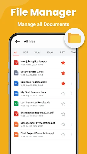 File Manager interface for managing all documents with list showing PDF, Word, Excel, PPT, and TXT files with star ratings