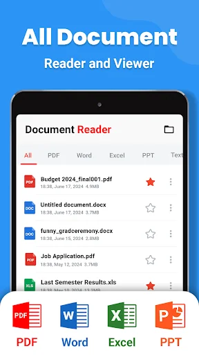All Document Reader and Viewer app main screen with document list including PDF, Word, Excel, and PPT format icons and recently opened files