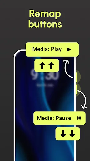 Almighty Volume Keys Remapper showing button remapping interface with volume key controls mapped to media play, pause, and navigation functions
