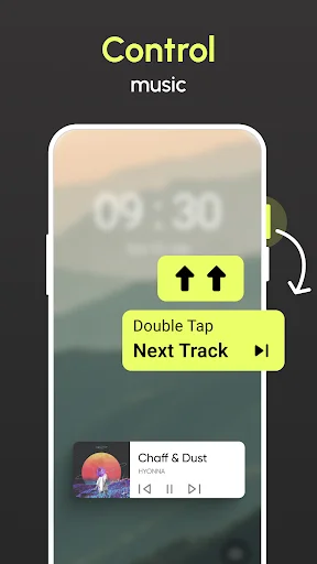 Music control feature demonstrating how double-tap volume key gesture triggers next track playback on lock screen with active music player