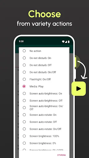 Extensive action selection dropdown menu with available remapping options including media controls, screen settings, do not disturb, and flashlight functions