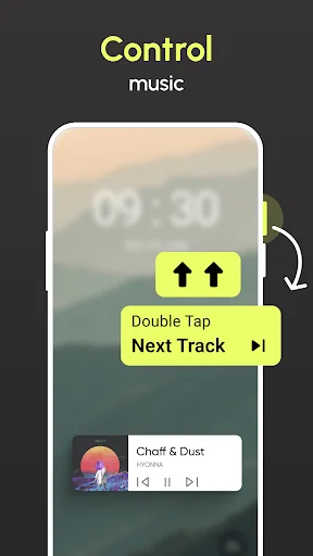 Music control feature demonstrating how double-tap volume key gesture triggers next track playback on lock screen with active music player
