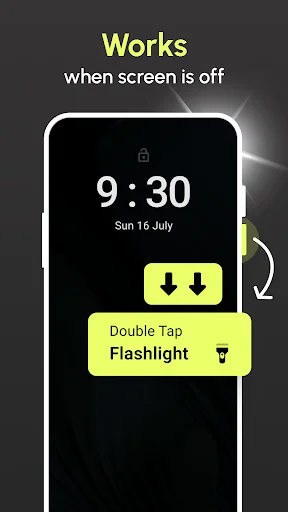 Volume key flashlight activation feature showing double-tap volume down buttons triggering torch control when smartphone screen is off