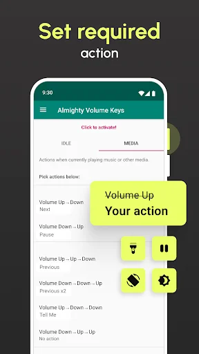 Volume key action configuration screen displaying dropdown menu for setting custom button actions and assigning key press functions