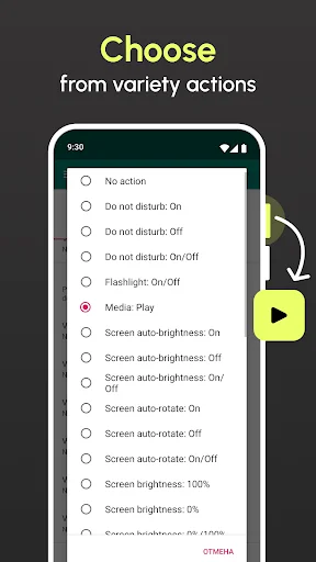 Extensive action selection dropdown menu with available remapping options including media controls, screen settings, do not disturb, and flashlight functions