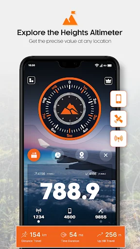 My Elevation altimeter app main screen displaying real-time elevation of 788.9 meters with orange compass gauge and activity statistics