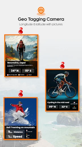 Geo tagging camera feature showing three geotagged activity photos - mountain, cycling, skiing - with location pins and elevation data