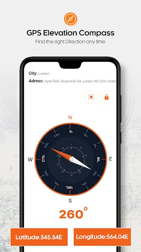 GPS elevation compass interface showing 260° bearing direction with precise latitude and longitude coordinates for real-time navigation