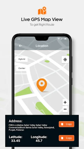 Live GPS map view displaying real-time location marker with copyable address, latitude 33.45, and longitude 45.7 coordinates