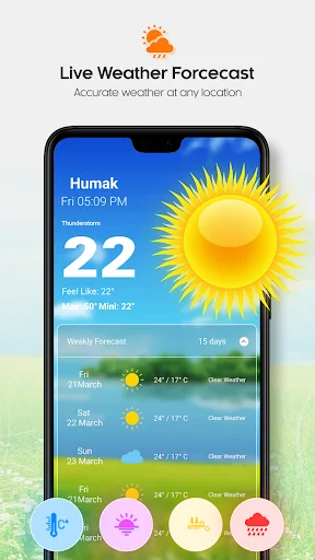 Live weather forecast screen for Humak showing 22°C temperature, thunderstorm alert, and 5-day forecast with daily conditions and temps