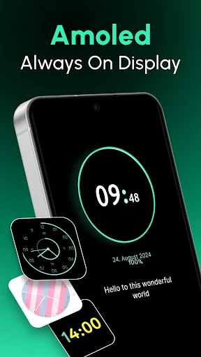 Amoled Always On Display with cyan oval digital clock showing 09:48, analog watch face, pink striped picture clock, and 14:00 time display