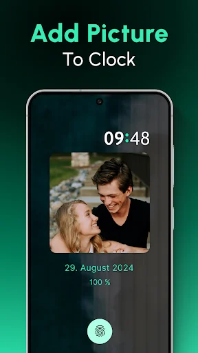 Picture clock feature displaying digital time 09:48 overlaid on personal photo background with date and battery percentage indicator