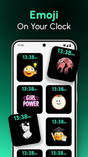 Emoji clock designs with expressive characters including sun, elephant, smiley face displaying time 13:38 PM on always-on display