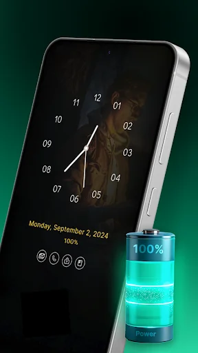 AMOLED analog clock display with date Monday September 2024, battery percentage indicator, and customization icons below on always-on screen