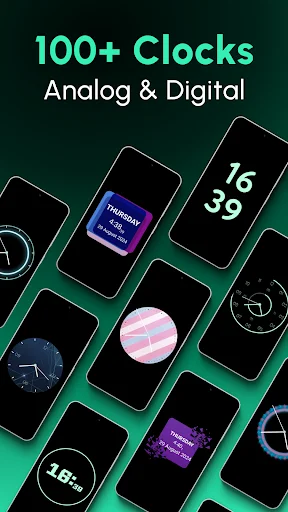 100+ clocks collection showcasing analog and digital clock designs for always-on display personalization on Android phones